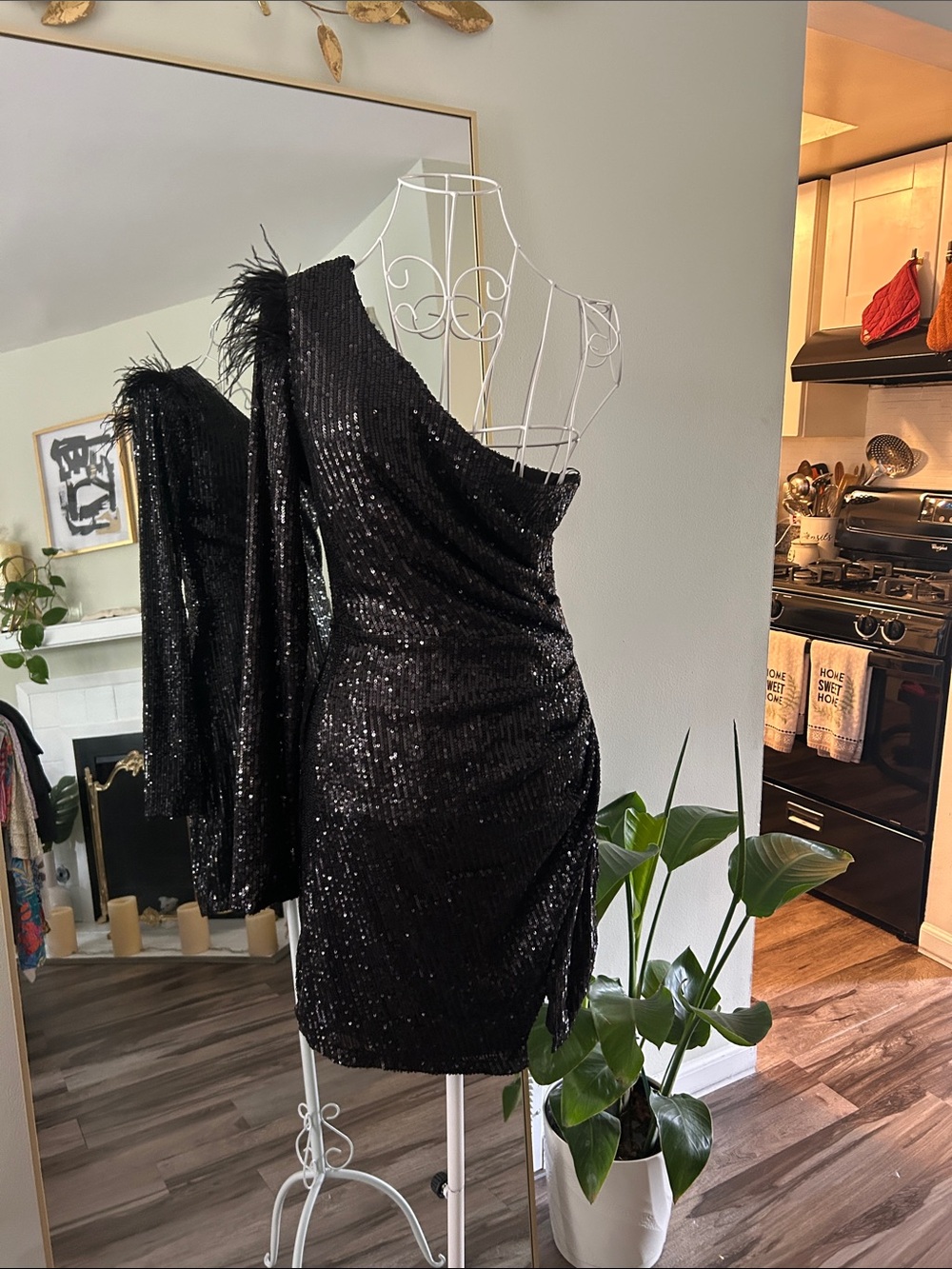 Windsor Black One-Shoulder Sequin Mini Dress with Feather Trim